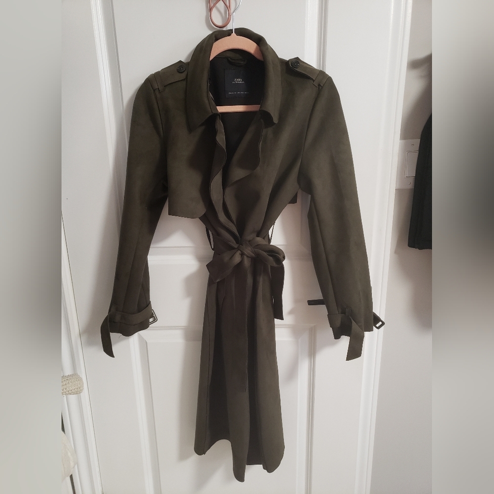 Zara Olive Green Women's Faux Suade Trench Coat Size Small